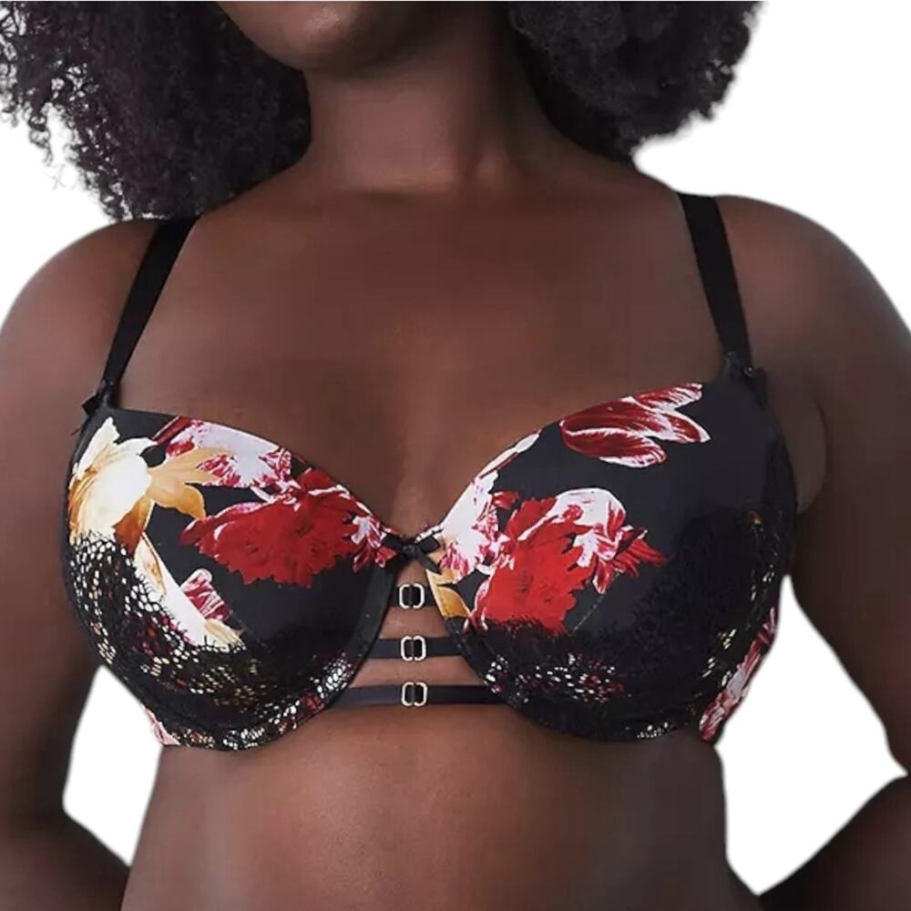 Cacique Collection Seriously Sexy Floral Print Bra 42C Black Floral Lace